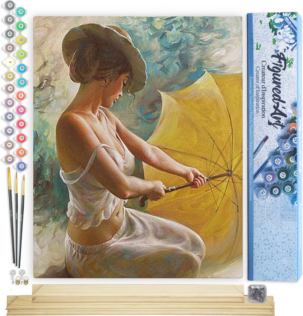 FiguredArt Schilderen op Nummer Volwassenen canvas Sexy vrouw met paraplu - Handwerk acrylverf Kit DIY Compleet - 40x50cm met DIY houten lijst